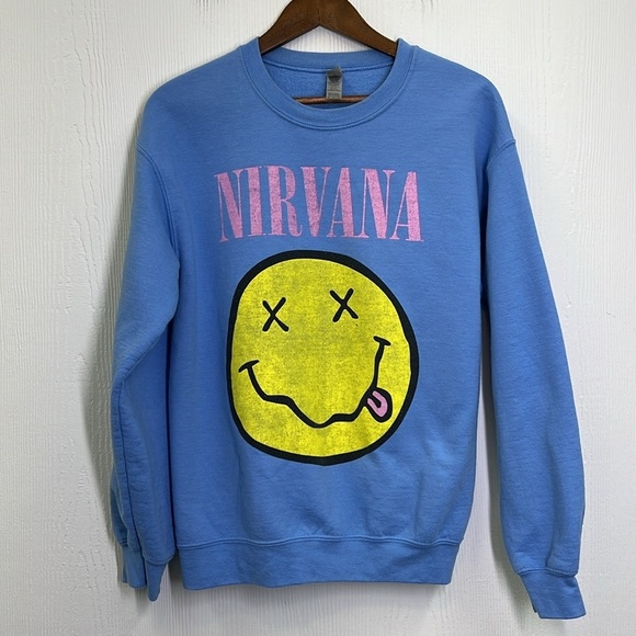Gildan - Light Blue Nirvana Smiley Face Bright Graphic Crewneck Sweatshirt M - Picture 6 of 8